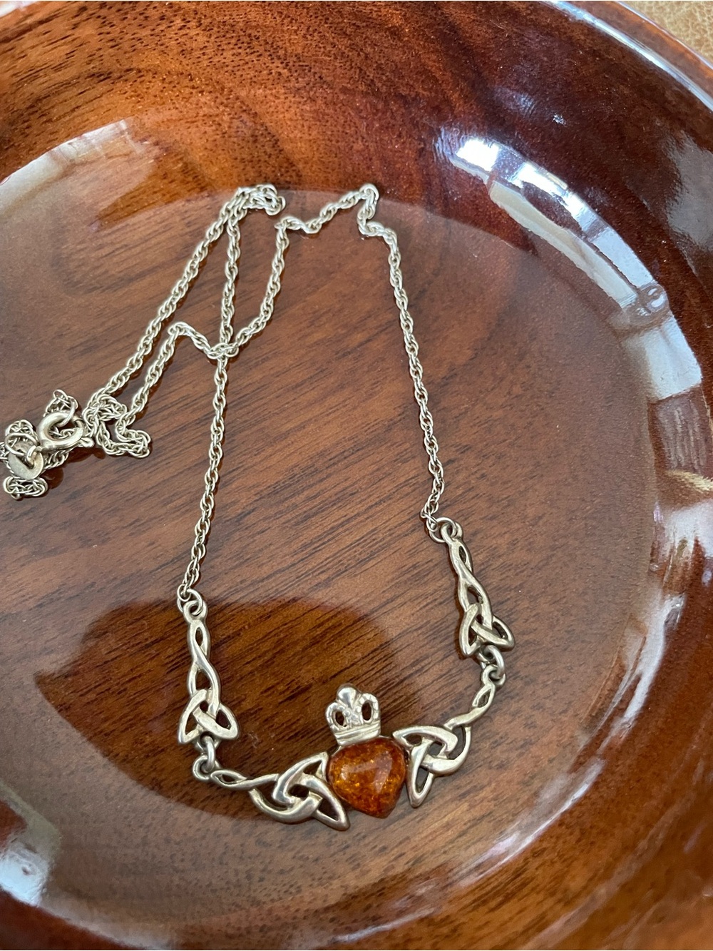 Vintage 925 Sterling Silver Celtic Heart Crown Necklace with Amber Center 16 in